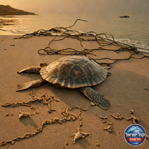 תמונה לכתבה: צב ים ענק בגודל 3 מטר נמצא מת בחוף הרצליה, הסתבך ברשתות דיג